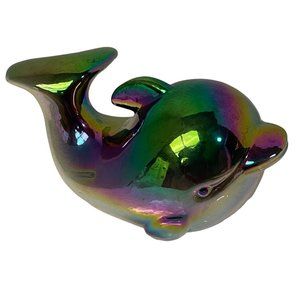 The Collection Iridescent Ceramic Dolphin Figurine Rainbow Oil Slick Finish 5"